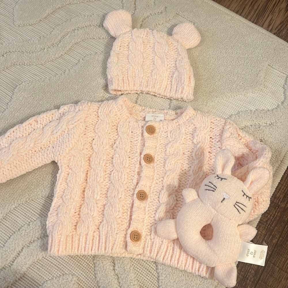 Newborn Cardigan with Matching Hat and Toy